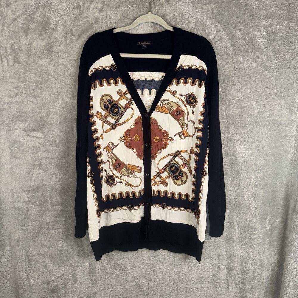 Brooks Brothers Equestrian Chain Scarf Print Silk Cardigan SZ XL Old Money